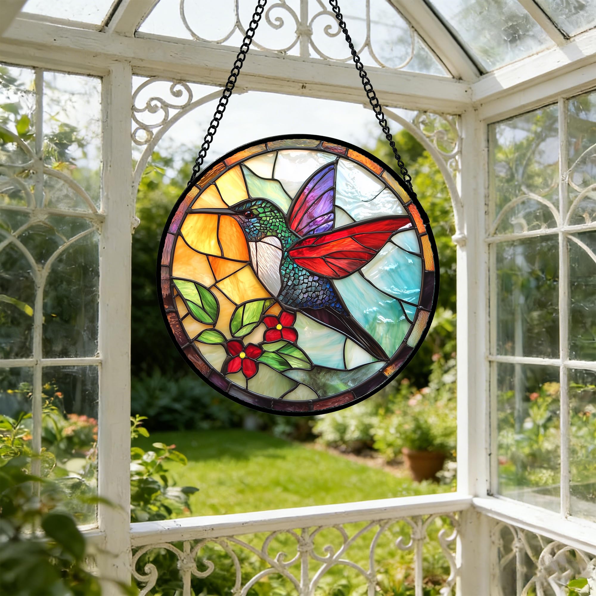 DASTOLL Hummingbird stained glass suncatcher on display outdoors