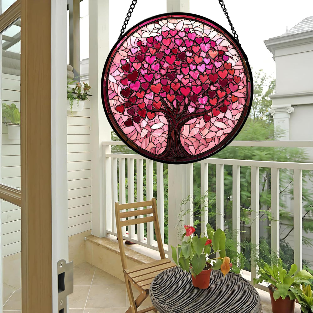 DASTOLL Pink Love Tree Stained Glass Suncatcher hanging in window