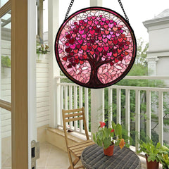 DASTOLL Pink Love Tree Stained Glass Suncatcher hanging in window