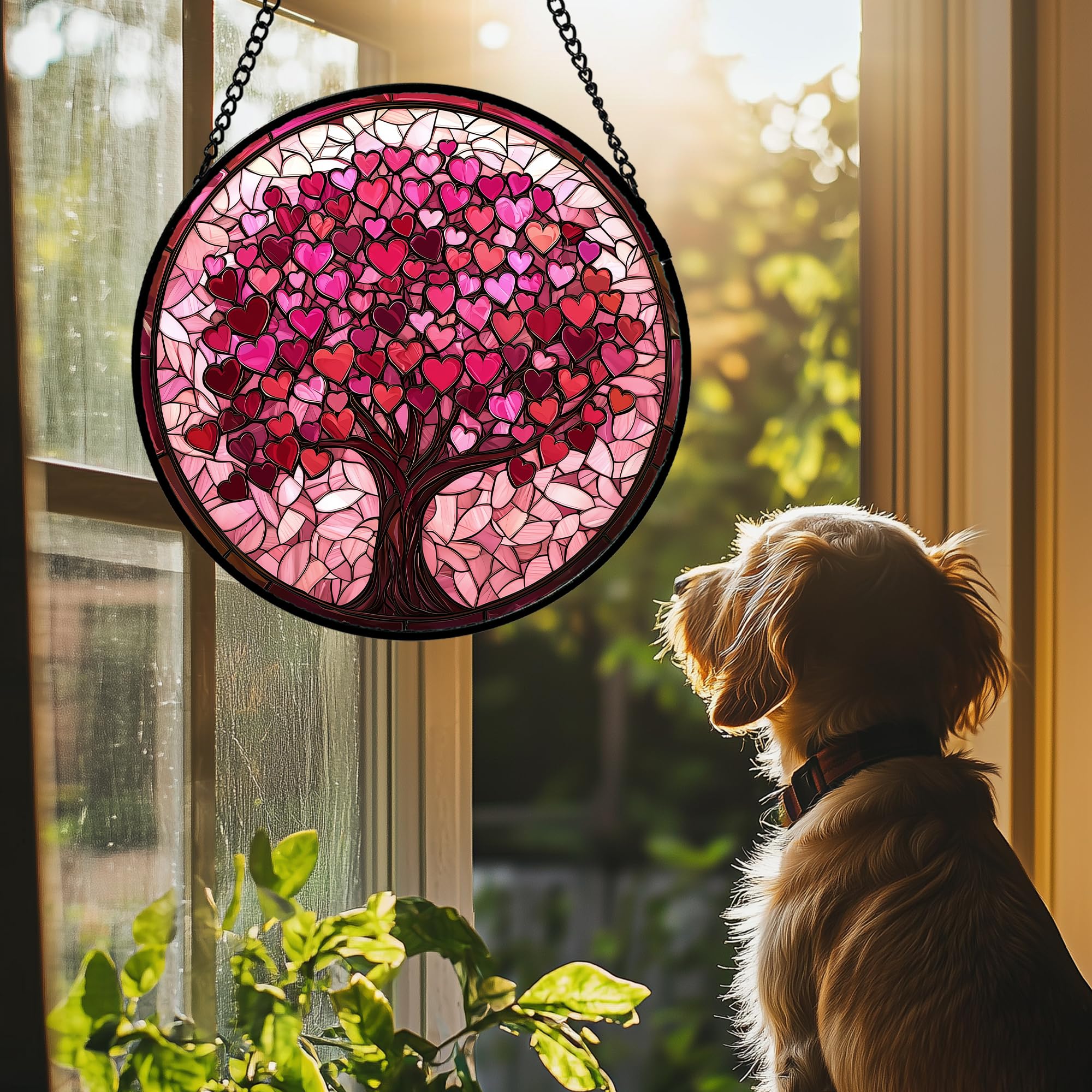 DASTOLL Pink Love Tree Stained Glass Suncatcher side view