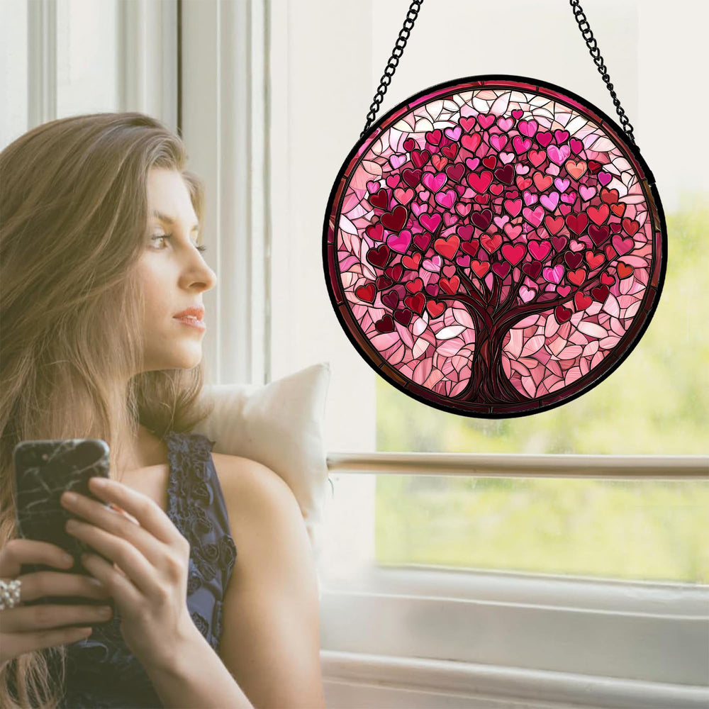 DASTOLL Pink Love Tree Stained Glass Suncatcher with metal chain