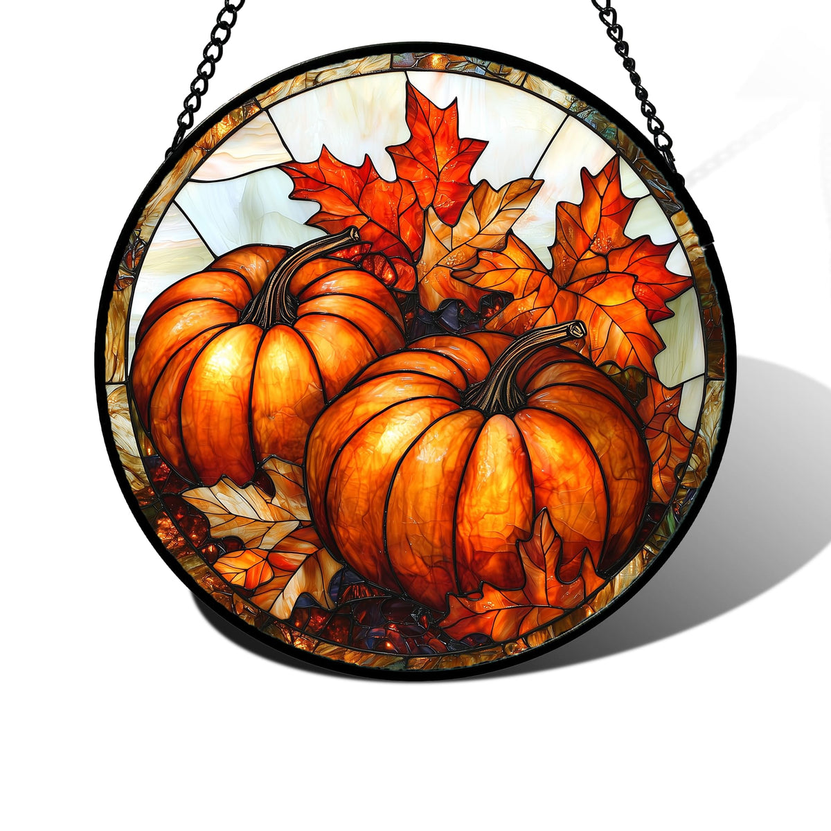 DASTOLL Pumpkin Maple Leaf Stained Glass Suncatcher front view