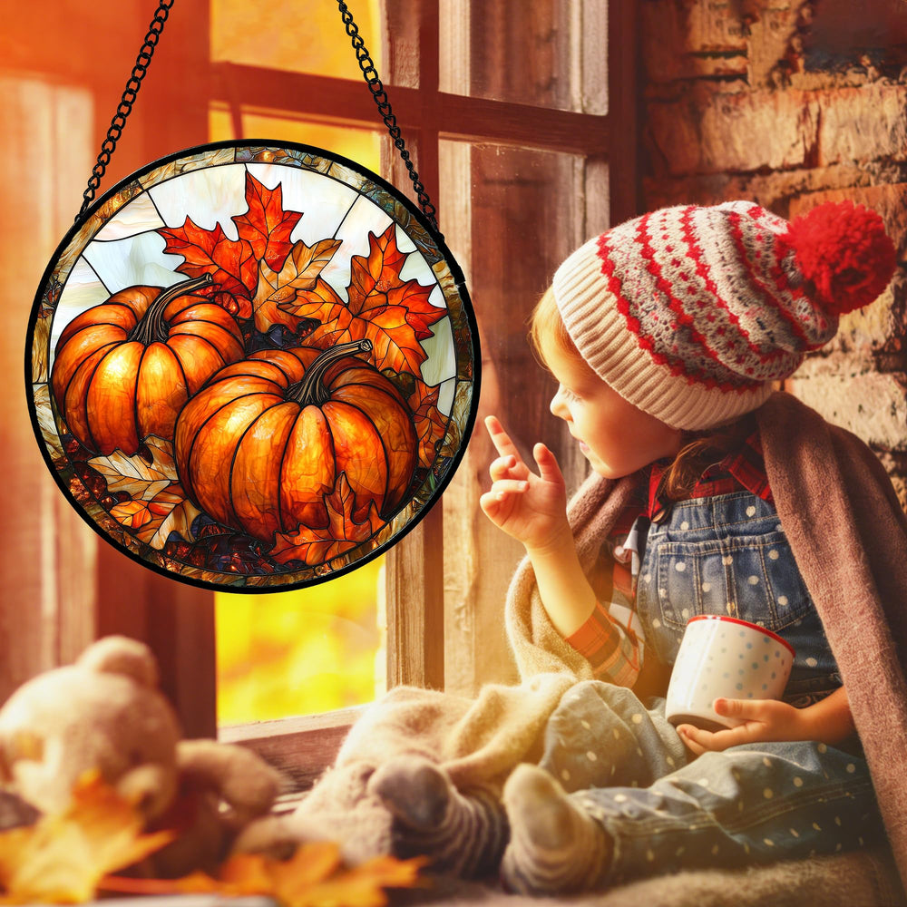 DASTOLL Pumpkin Maple Leaf Suncatcher in natural light