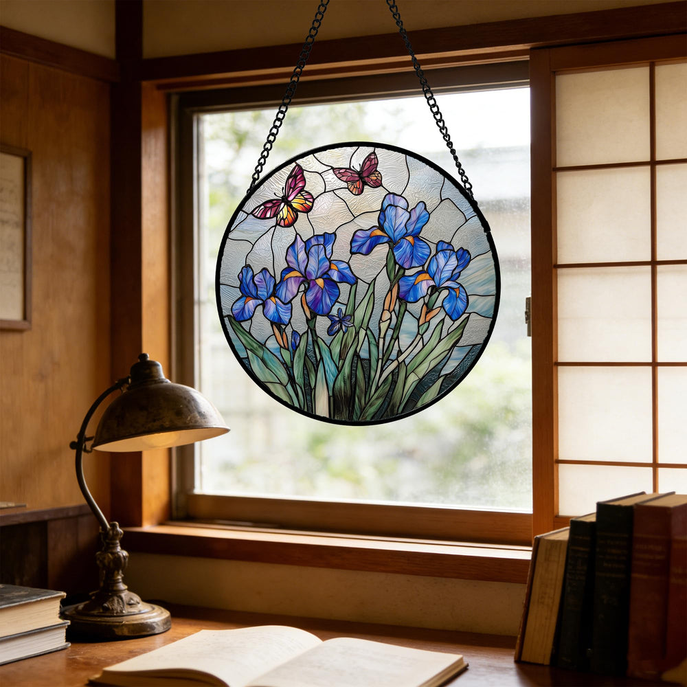DASTOLL Purple Iris Butterfly Suncatcher showing light transmission
