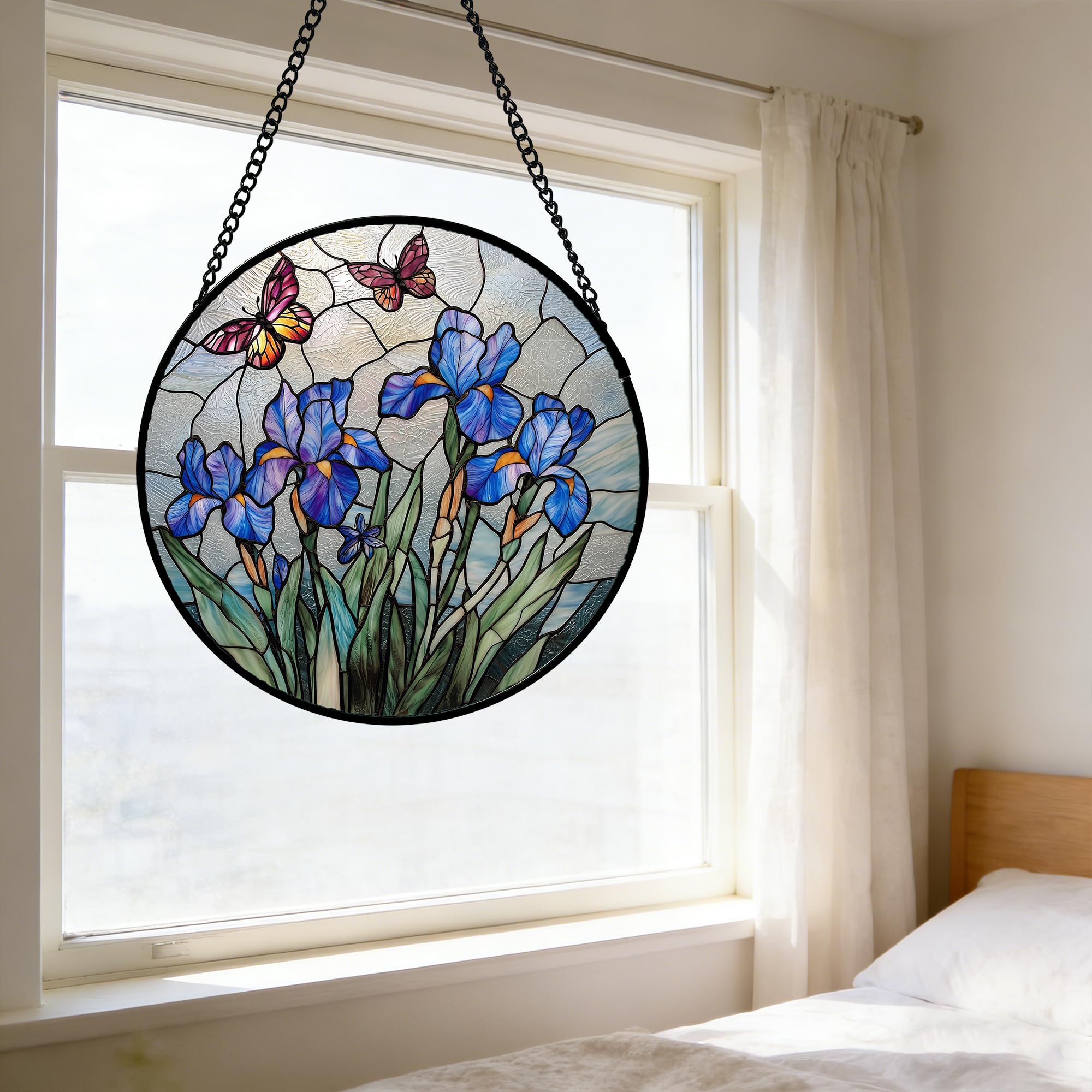 DASTOLL Purple Iris Stained Glass Suncatcher displayed in a garden