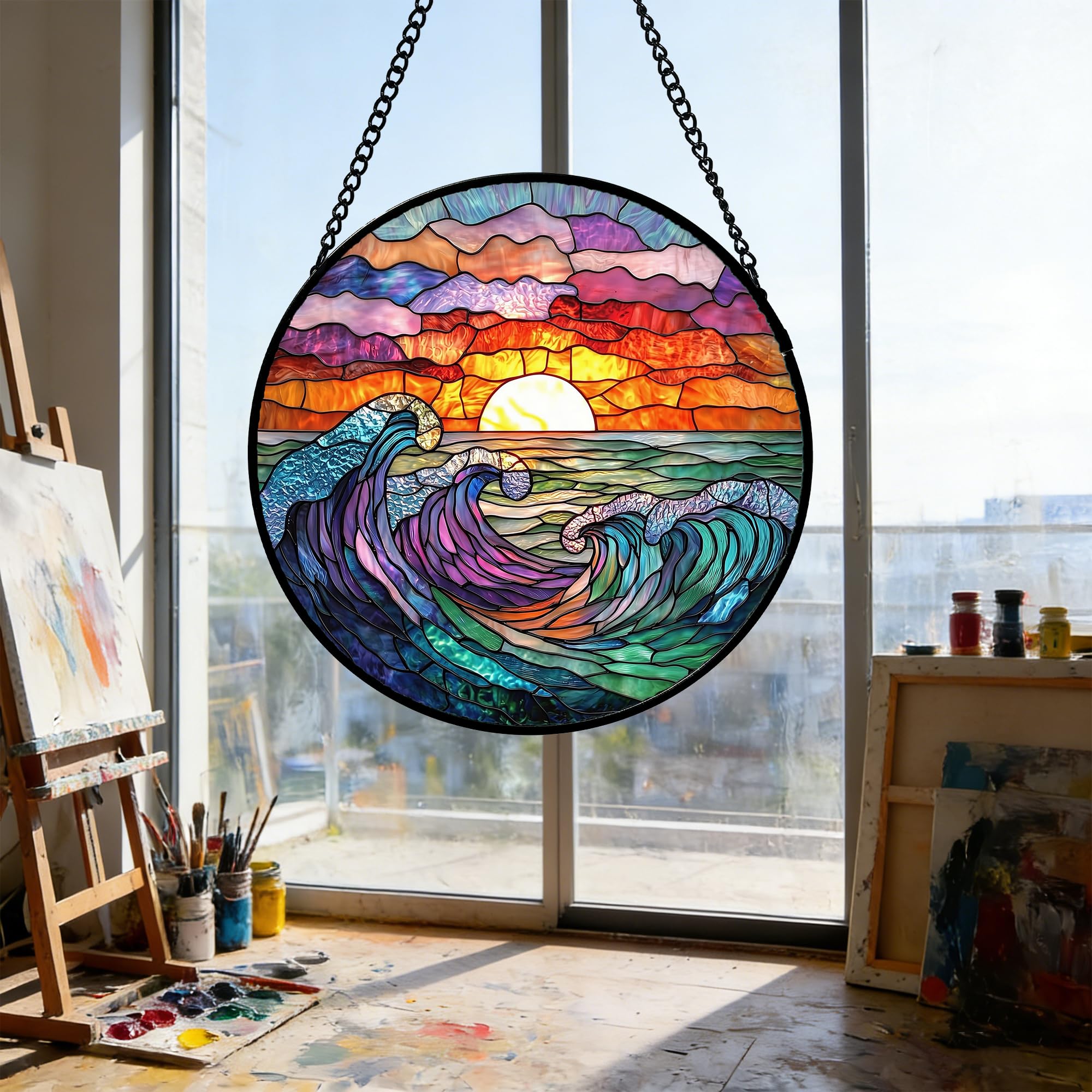 DASTOLL Stained Glass Suncatcher 6.3 inch displayed on a porch