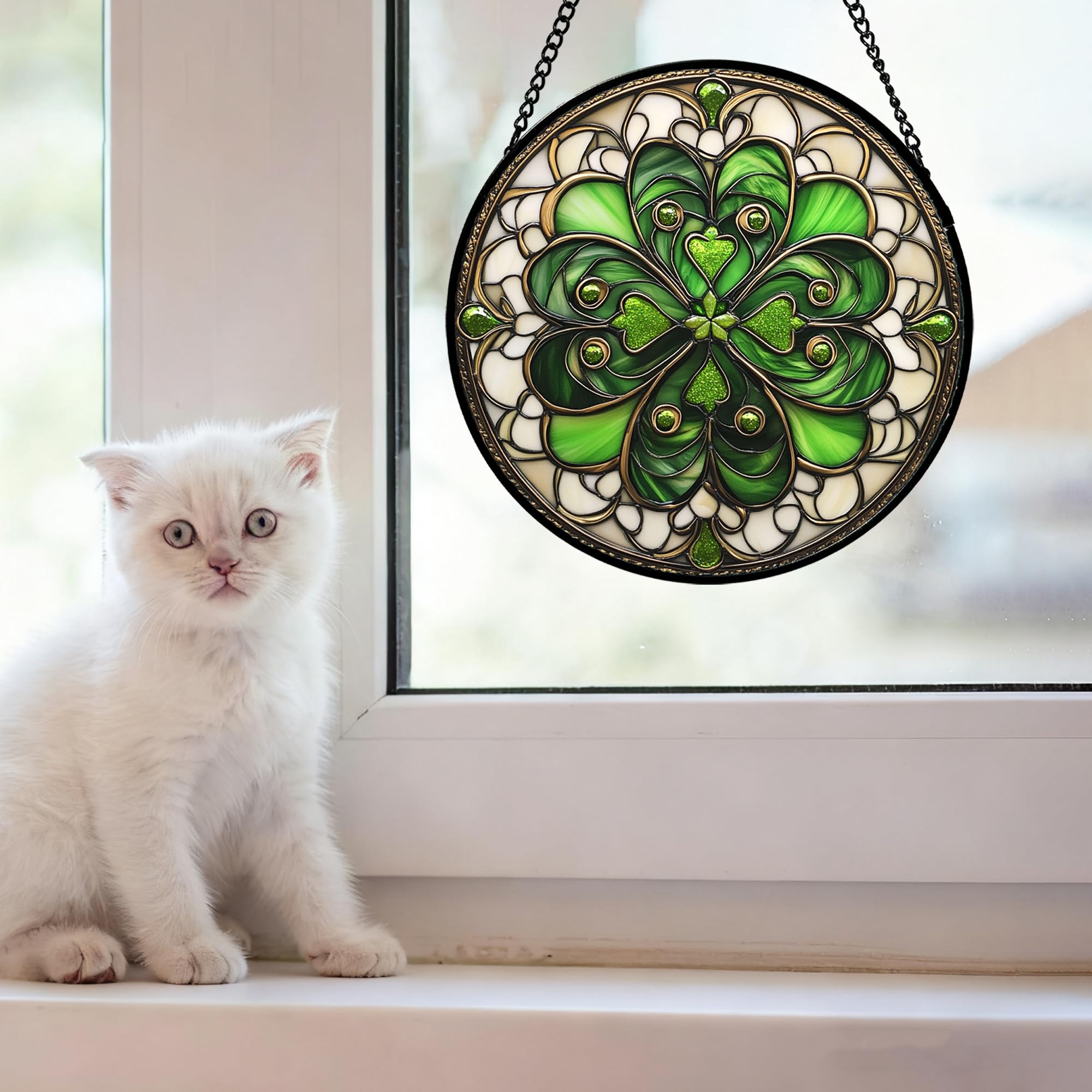 DASTOLL stained glass suncatcher close-up of green and white design