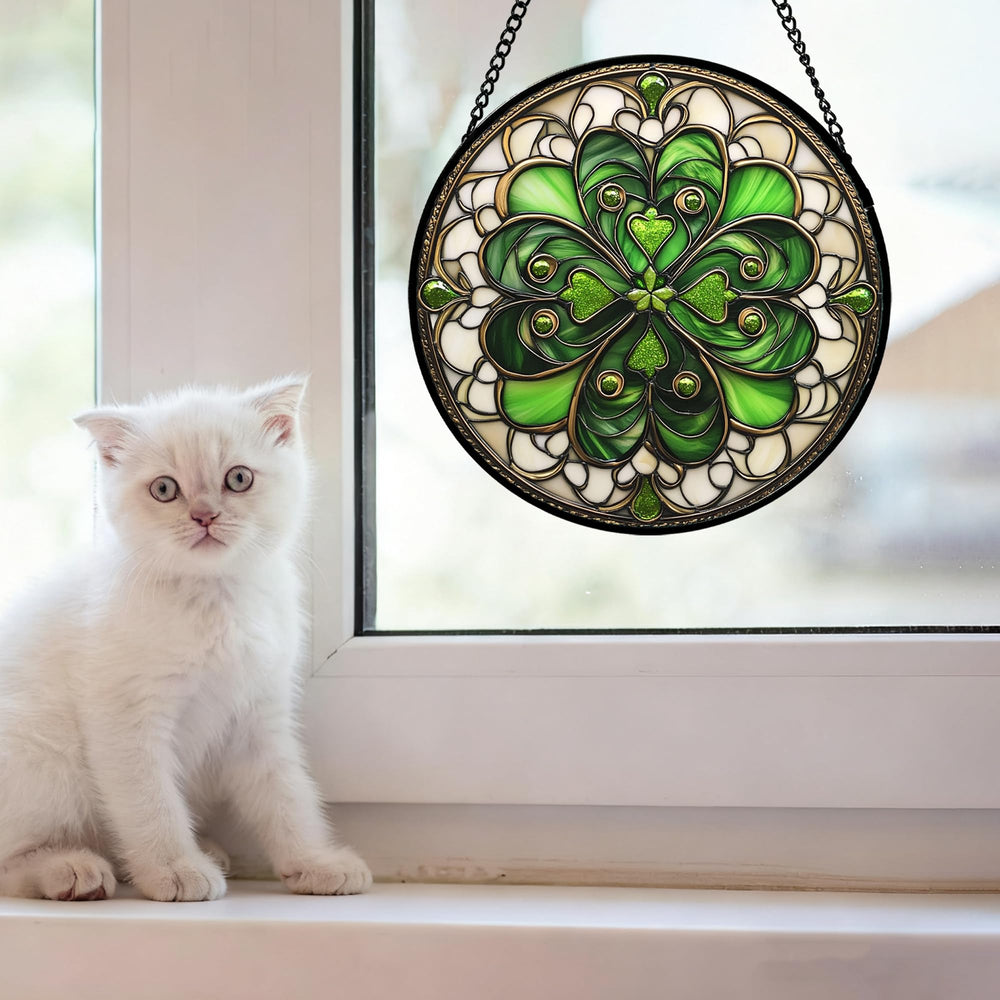 DASTOLL stained glass suncatcher close-up of green and white design