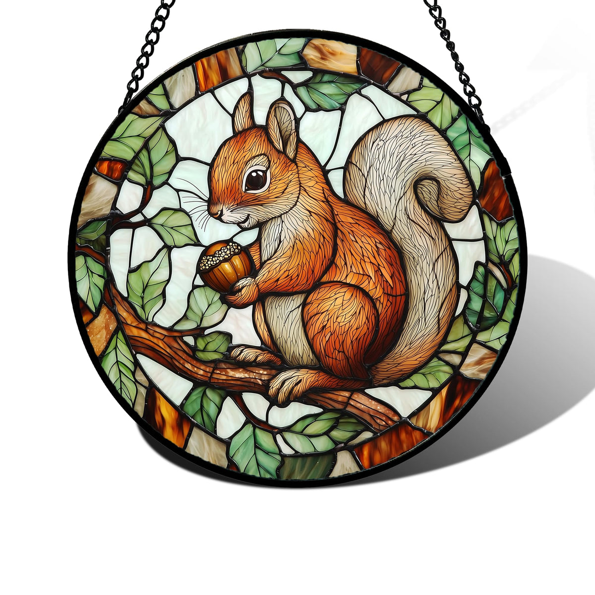 DASTOLL stained glass suncatcher featuring a red squirrel with acorn