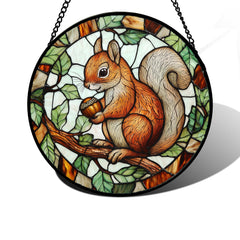 DASTOLL stained glass suncatcher featuring a red squirrel with acorn