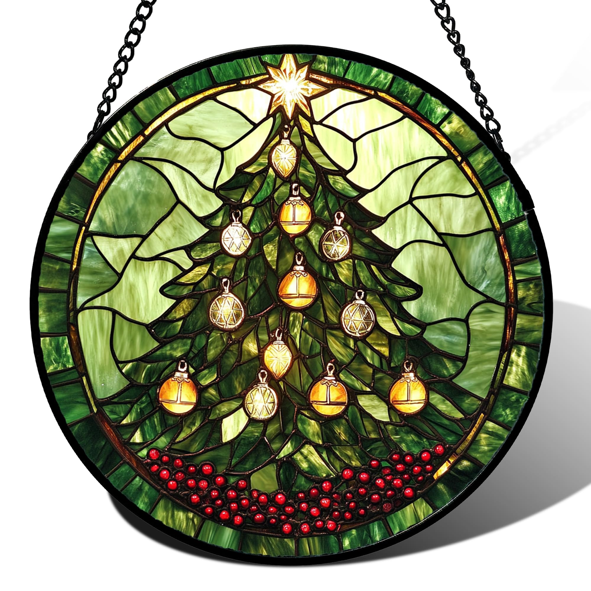 DASTOLL stained glass suncatcher featuring Christmas tree design, front view
