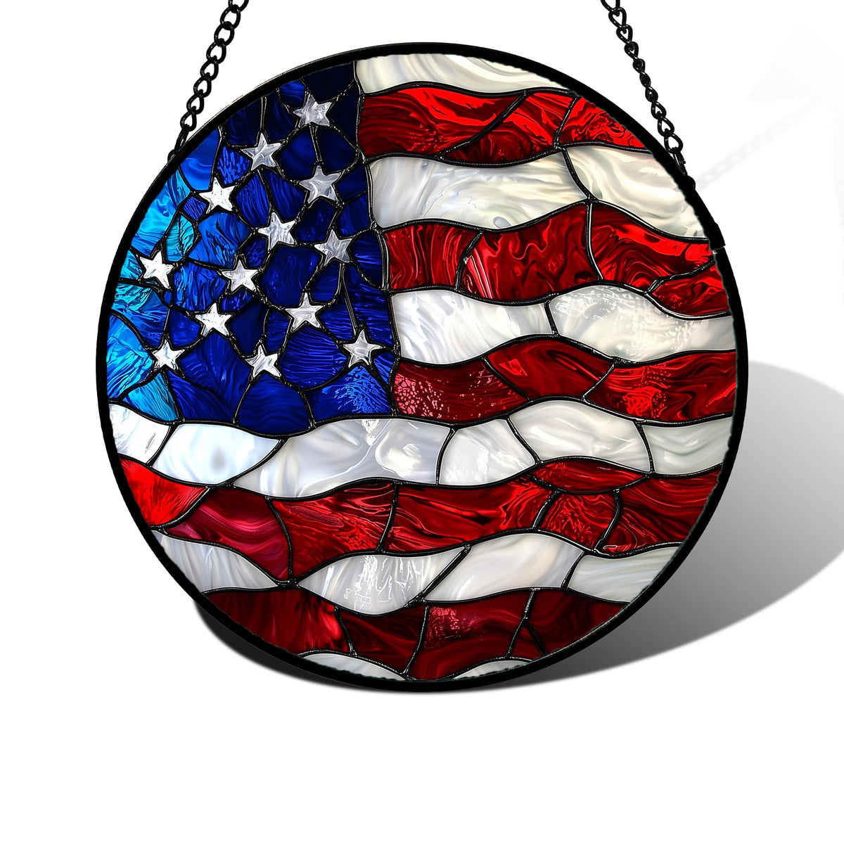 DASTOLL stained glass suncatcher front view with vibrant red, white, blue colours