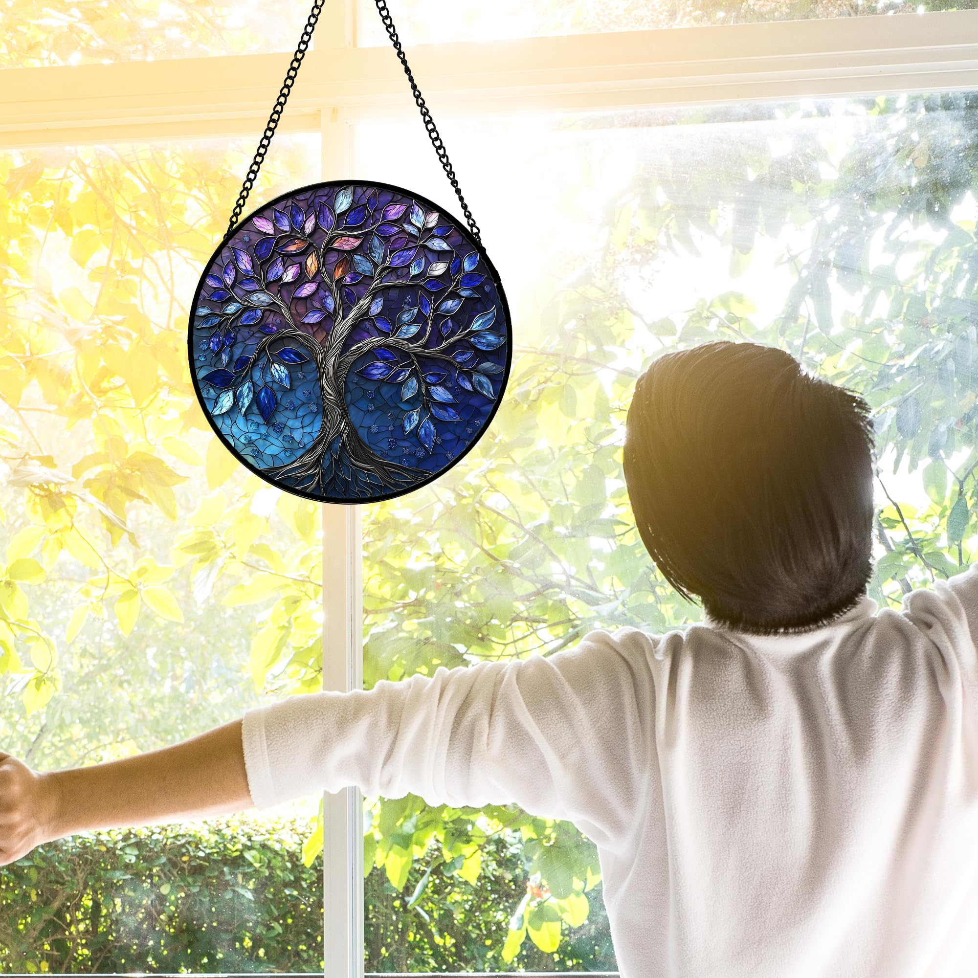 DASTOLL stained glass suncatcher hanging by metal chain