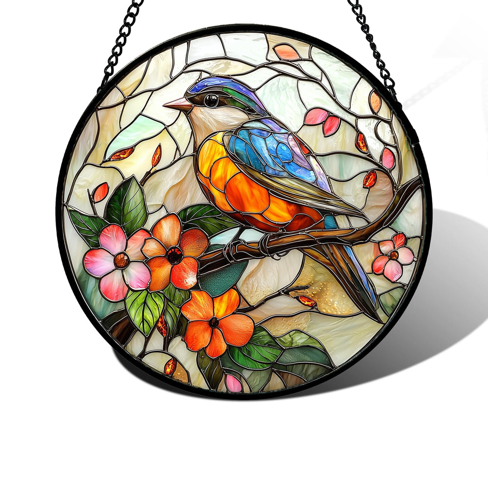 DASTOLL stained glass suncatcher with colorful bird design, front view