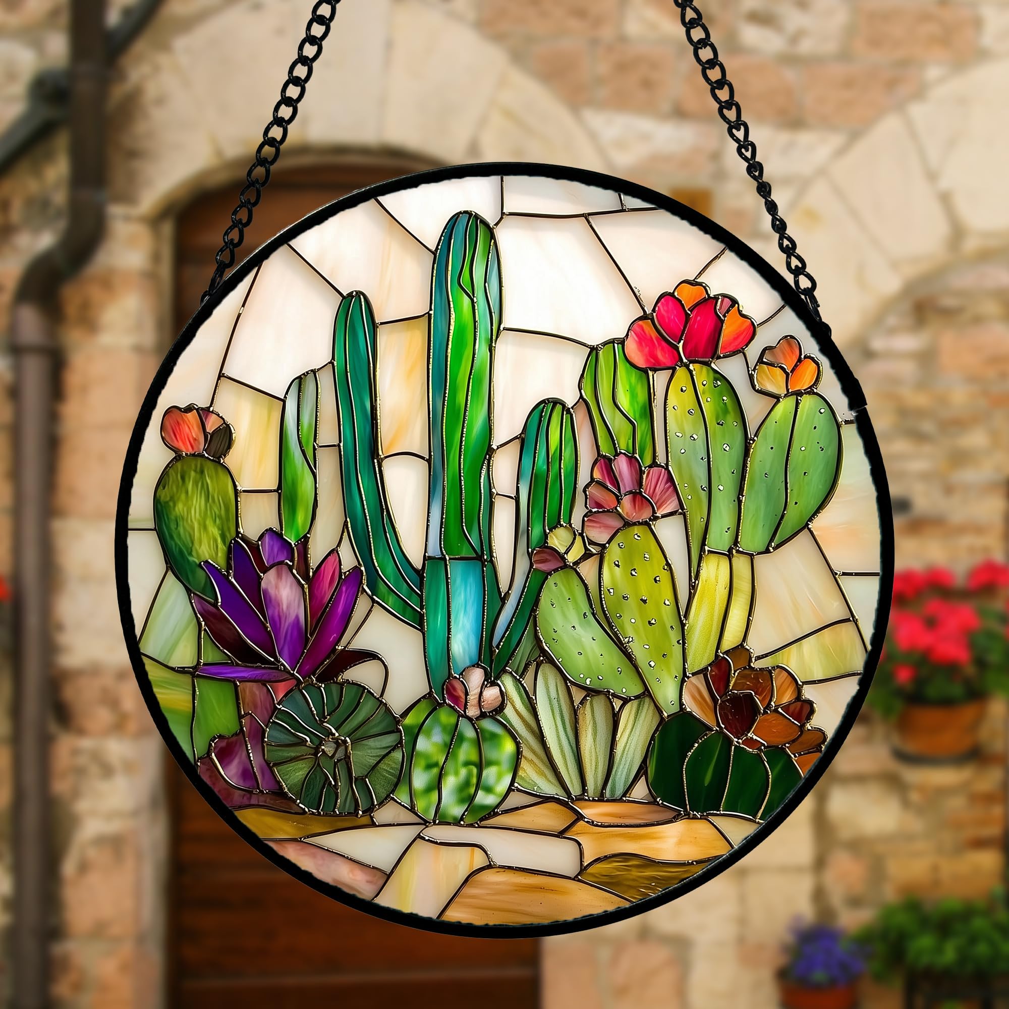 DASTOLL Stained Glass Suncatcher with sunlight illuminating it