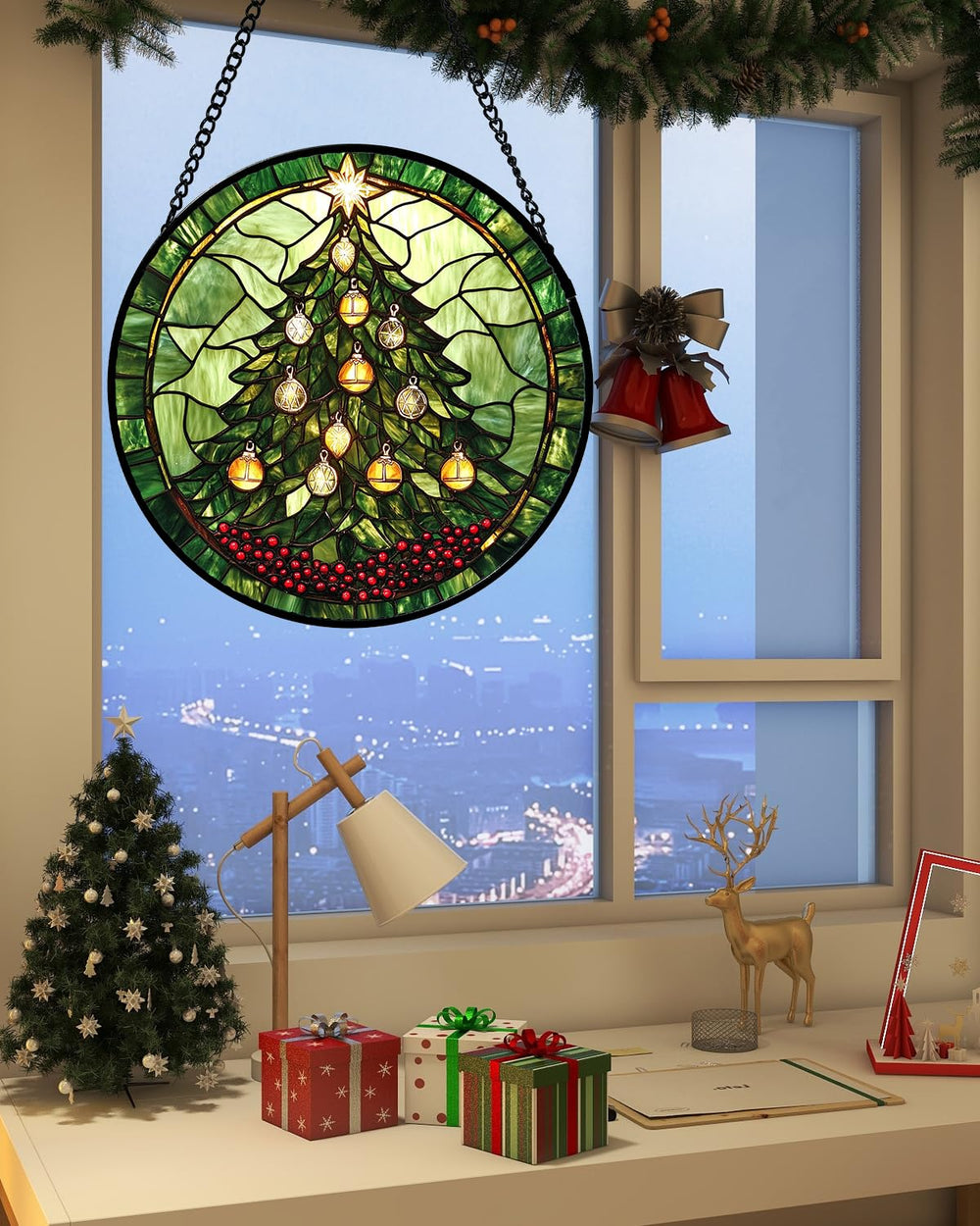 DASTOLL suncatcher displayed on a mantel with Christmas decorations