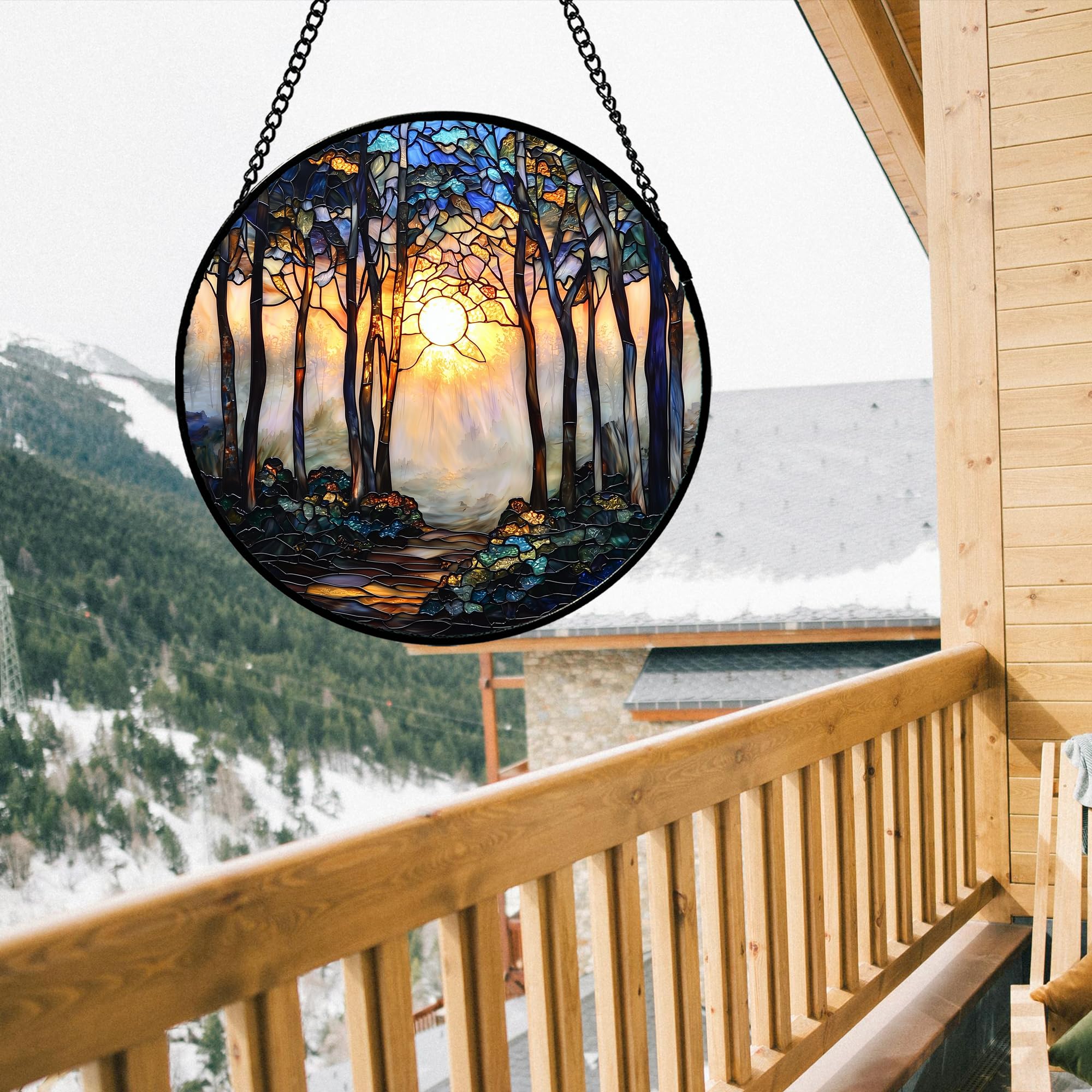 DASTOLL Sunrise Forest Path Stained Glass hanging with metal chain