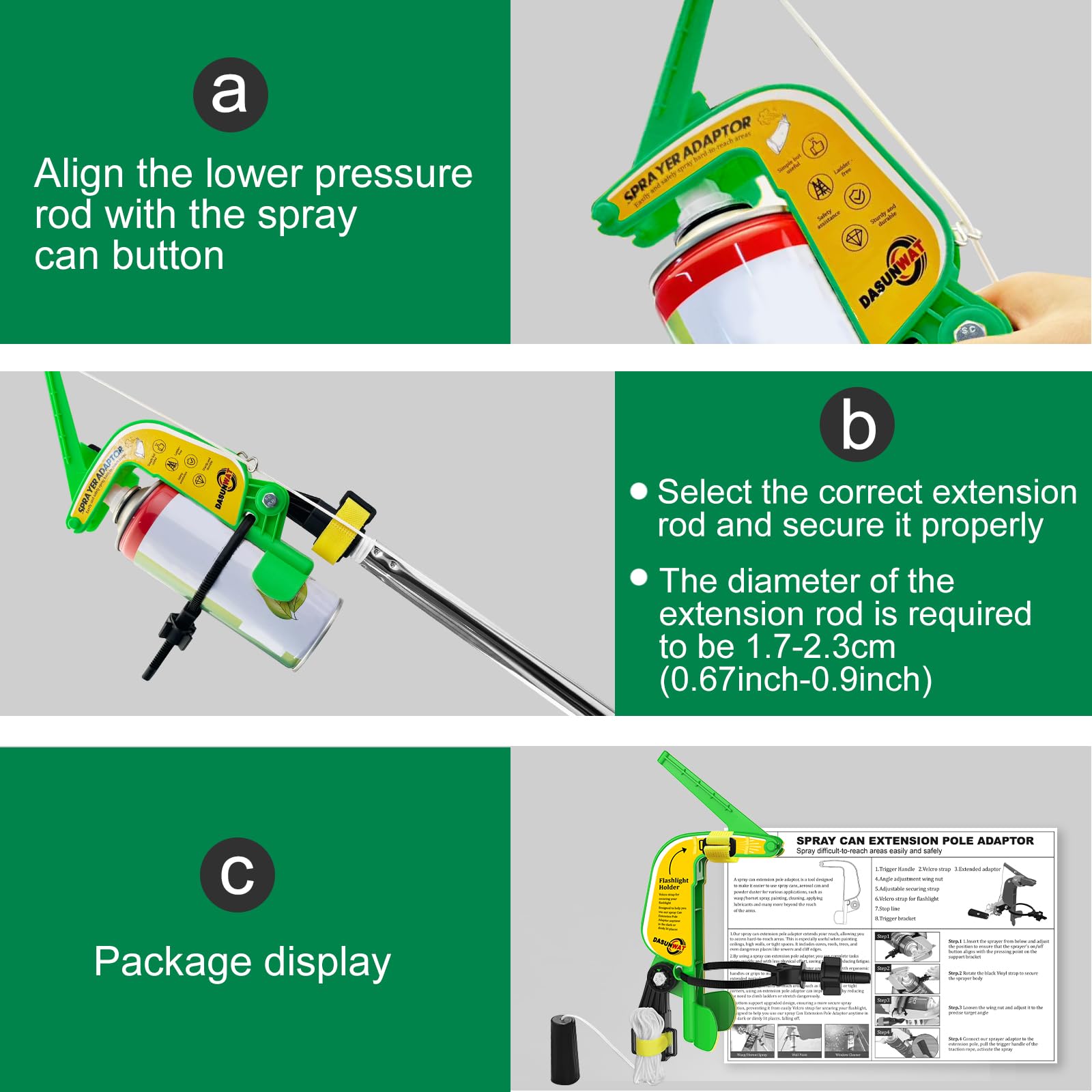 Dasunwat Spray Can Extension Pole Adaptor with instruction manual