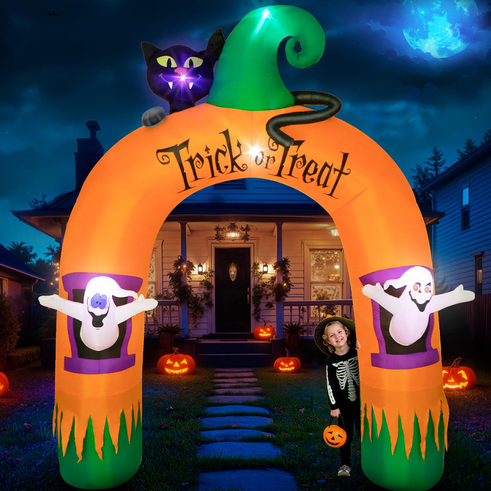 Dawdix 10FT Halloween Inflatable Archway front view with ghost and black cat