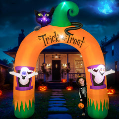 Dawdix 10FT Halloween Inflatable Archway front view with ghost and black cat