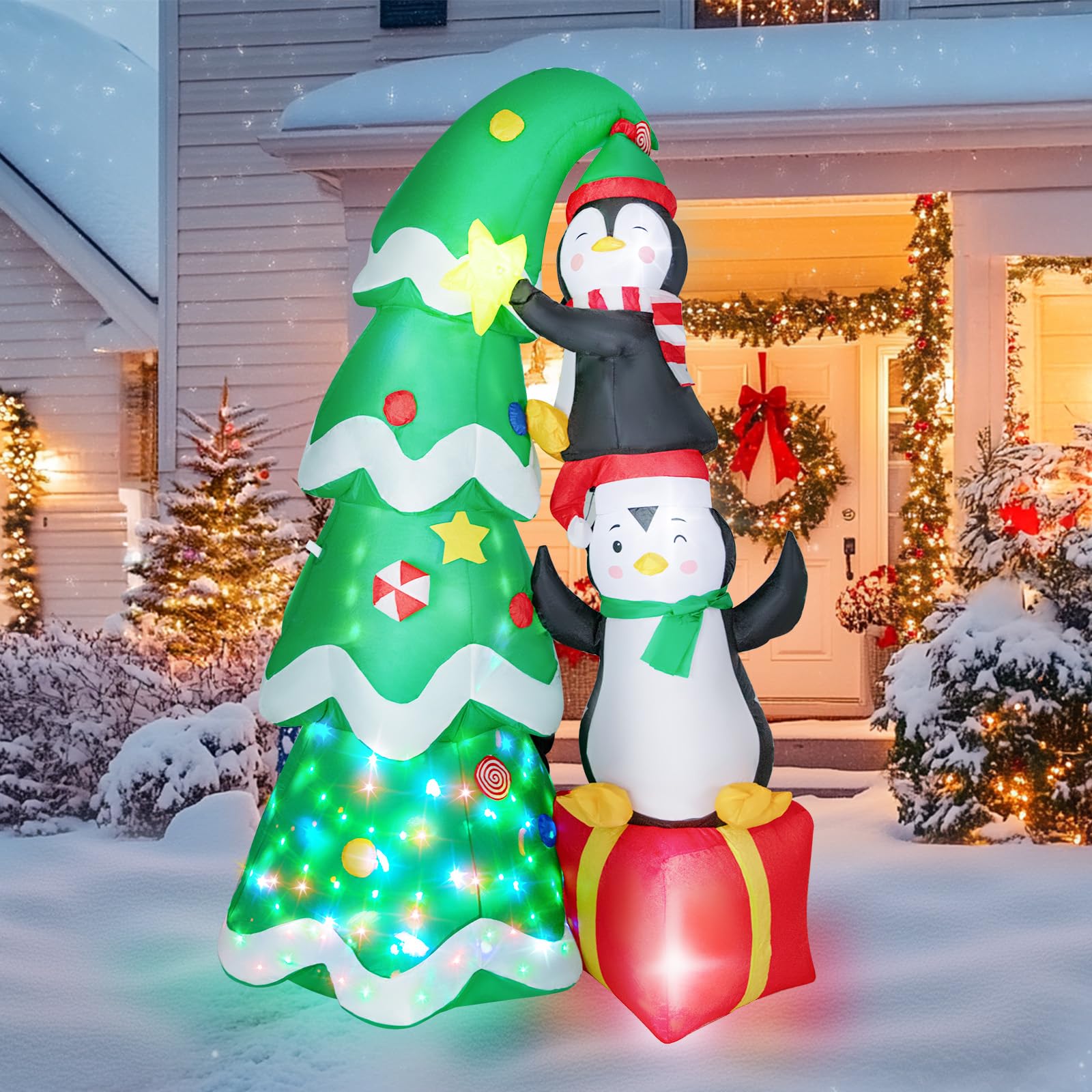 Dawdix 7 FT Penguins Climbing Tree Inflatable front view