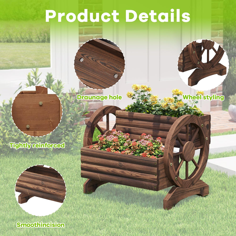 Dawnyard Wooden Wagon Planter assembled with plants on patio