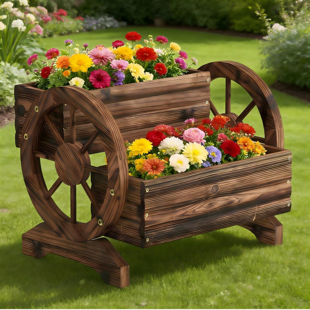 Dawnyard Wooden Wagon Planter front view with wheels