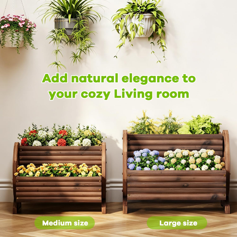 Dawnyard Wooden Wagon Planter lifestyle scene with flowers
