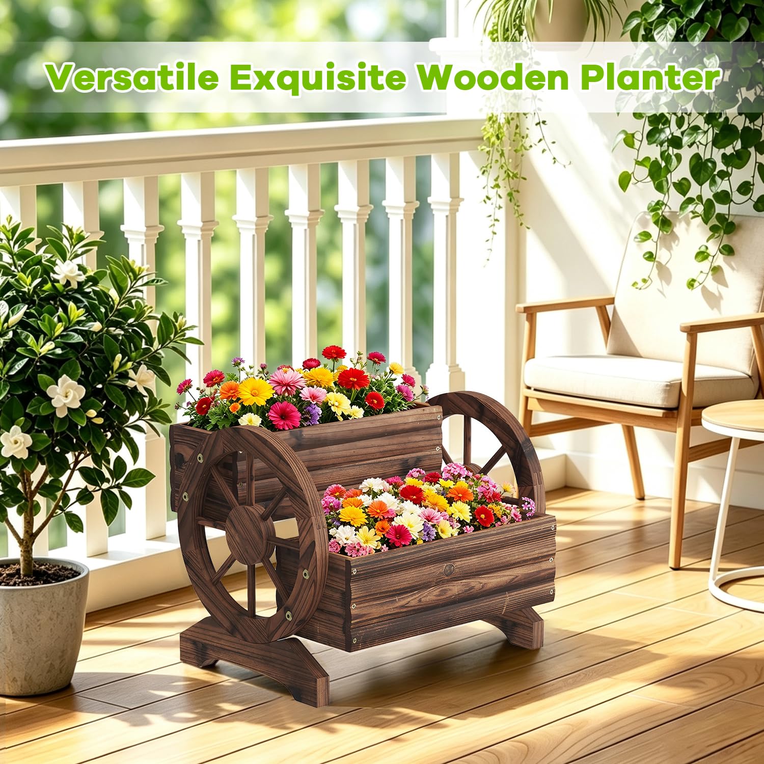 Dawnyard Wooden Wagon Planter side view displaying the wheels