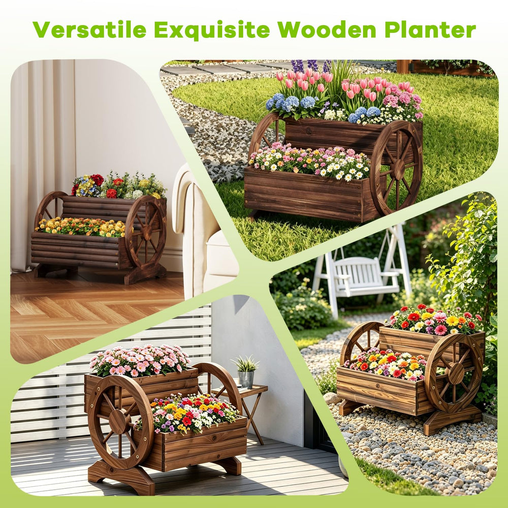 Dawnyard Wooden Wagon Planter with drainage holes visible