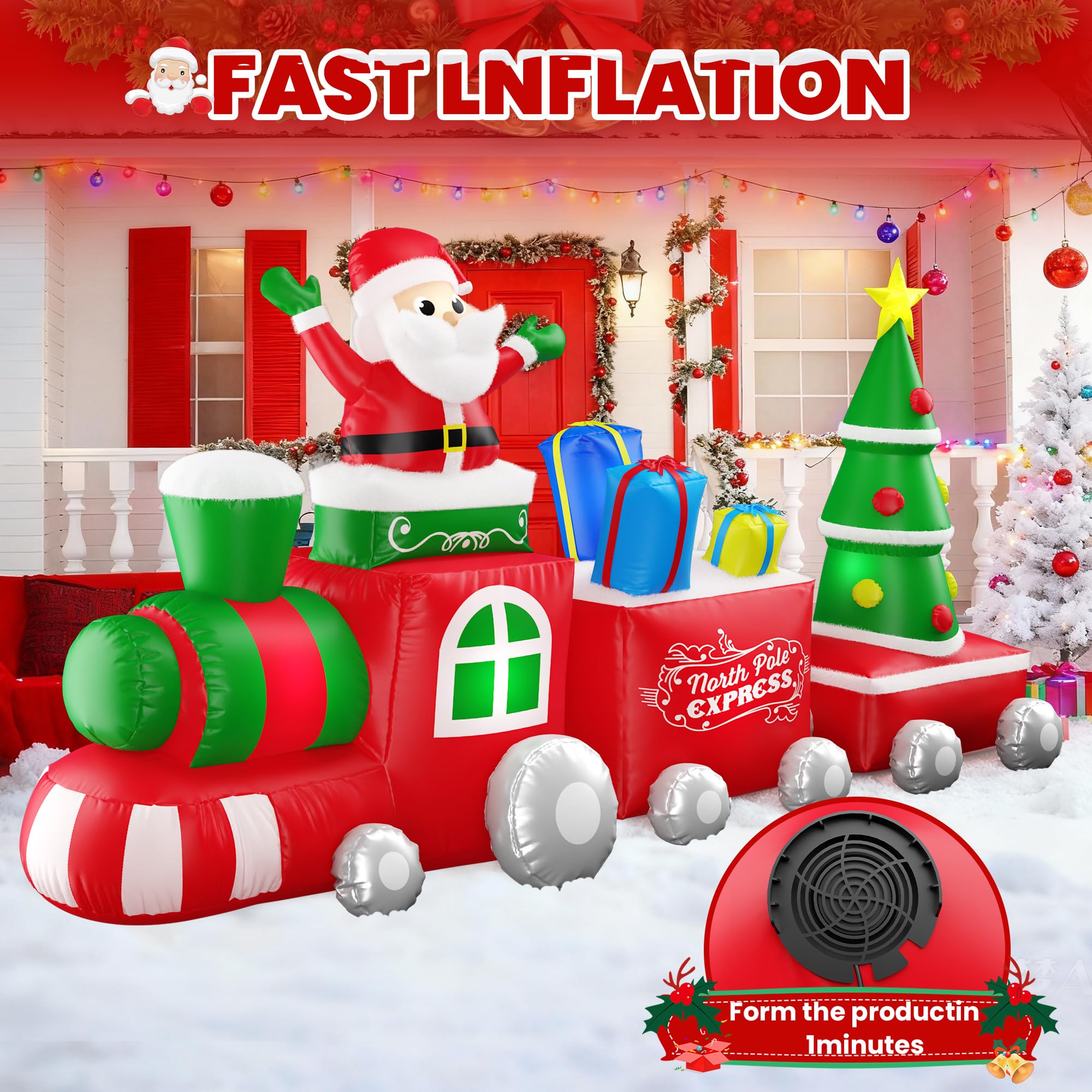 Daytime view of the inflatable Christmas train in a festive setting
