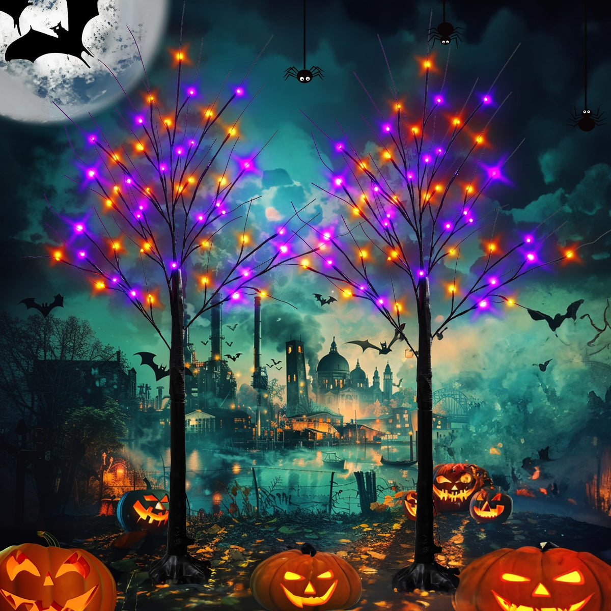 Dazzle Bright 4FT Halloween lighted birch tree with purple and orange lights
