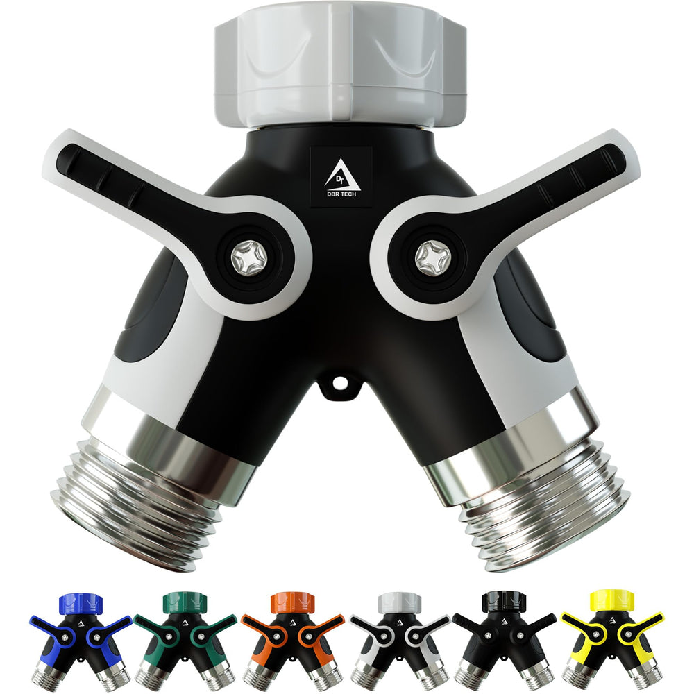 DBR Tech 2 Way Hose Splitter front view with dual shut-off valves