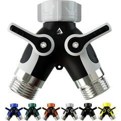 DBR Tech 2 Way Hose Splitter front view with dual shut-off valves