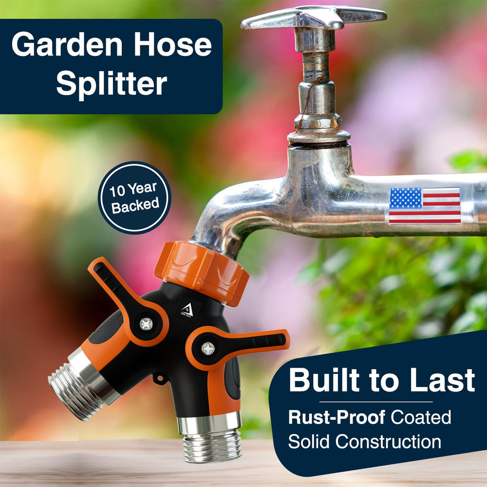DBR Tech 2 Way Hose Splitter showing dual shut-off valves