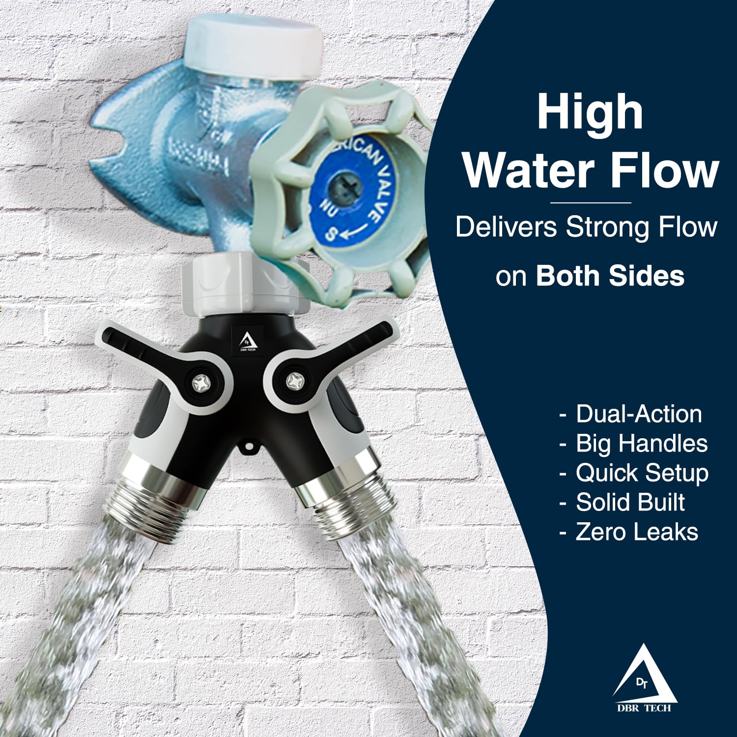 DBR Tech Hose Splitter showing balanced water flow