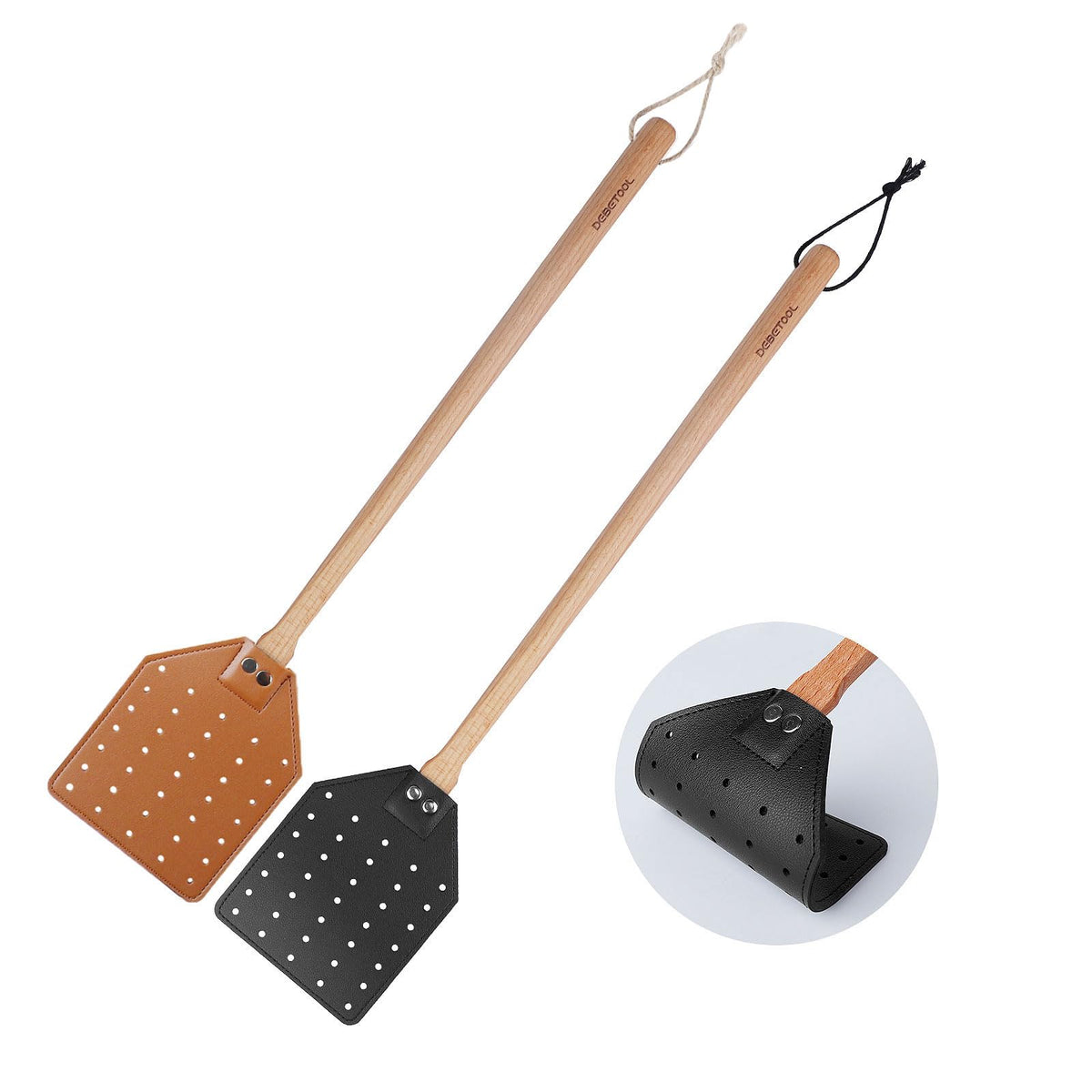 DEBETOOL Leather Fly Swatter front view with wooden handle