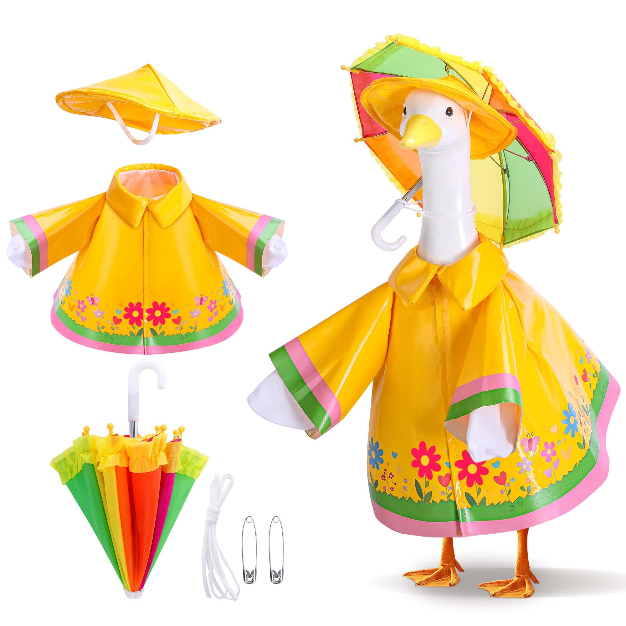 DECOHS Goose Outfit with yellow raincoat and rainbow umbrella, front view