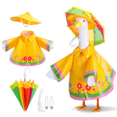 DECOHS Goose Outfit with yellow raincoat and rainbow umbrella, front view