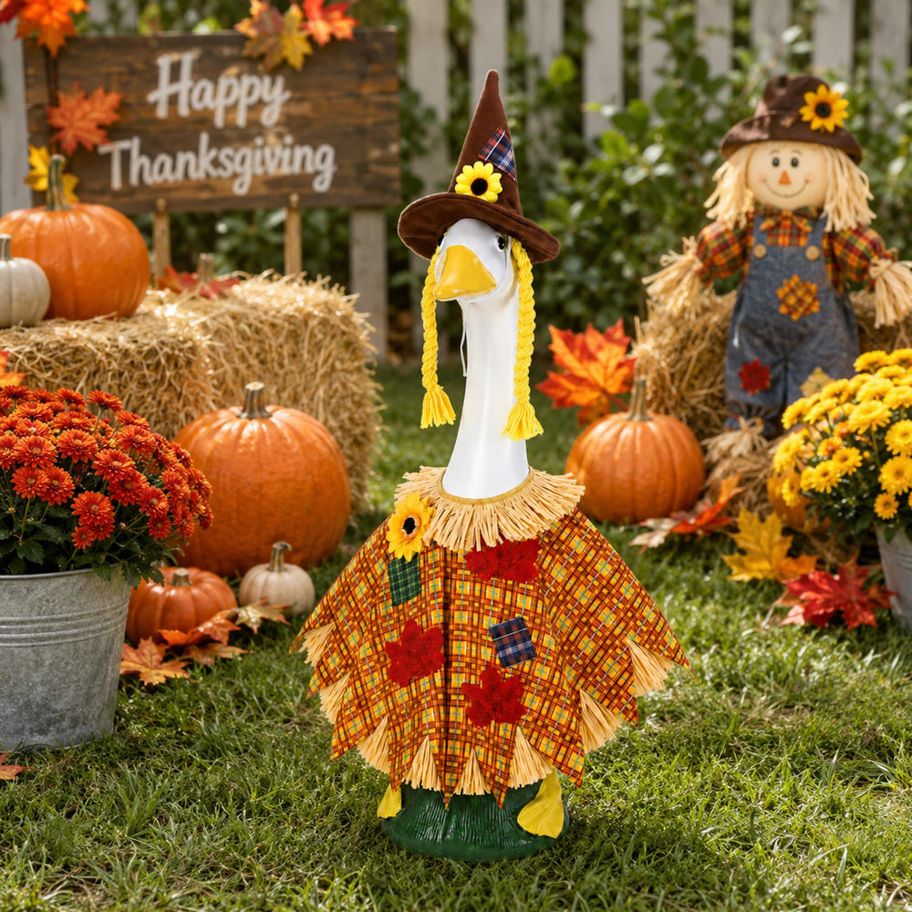 DECOHS Scarecrow Goose Outfit displayed in a garden setting