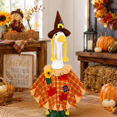 DECOHS Scarecrow Goose Outfit on a porch goose decoration