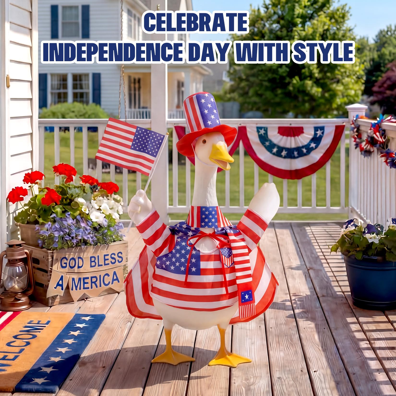 Decorated goose with flags and capes for Independence Day