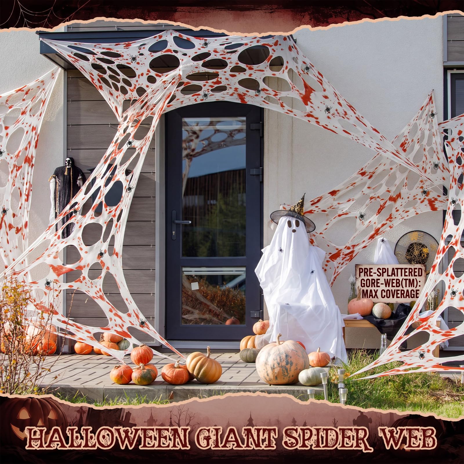 Decorated porch with Geelin spider web for Halloween