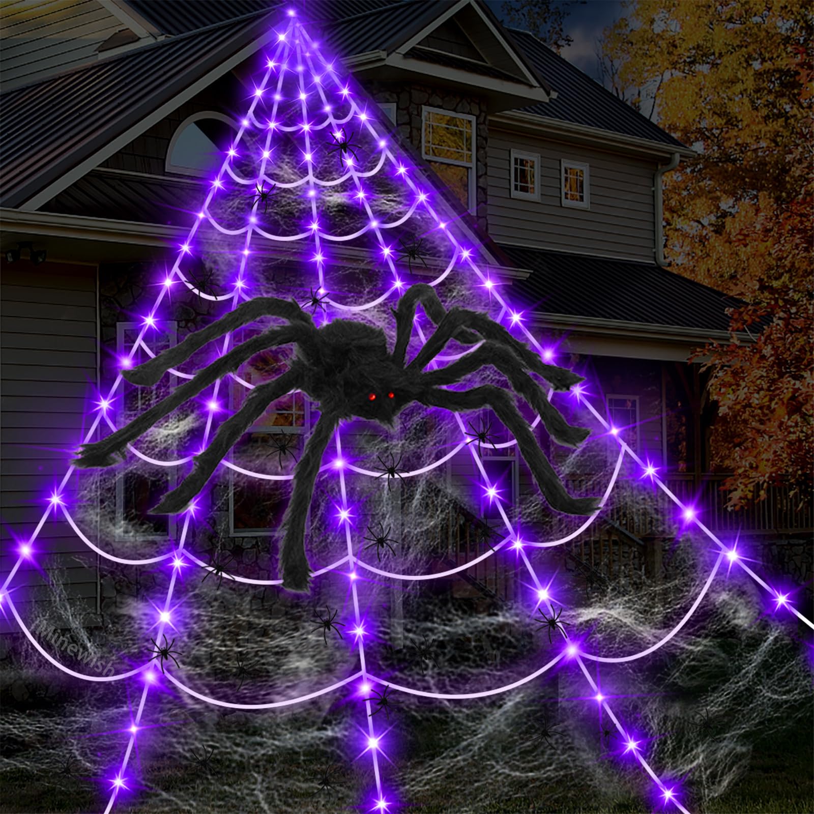 Decorated yard featuring Minewish Spider Web Lights