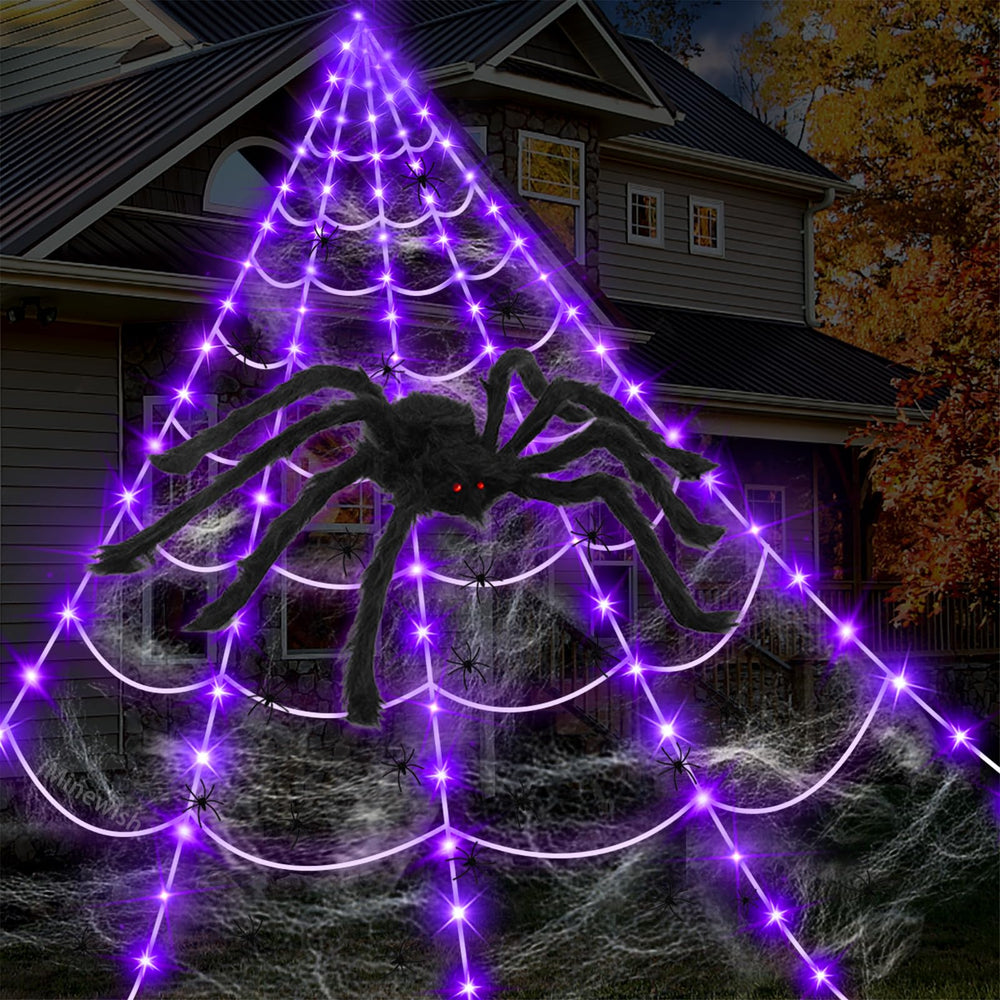 Decorated yard featuring Minewish Spider Web Lights