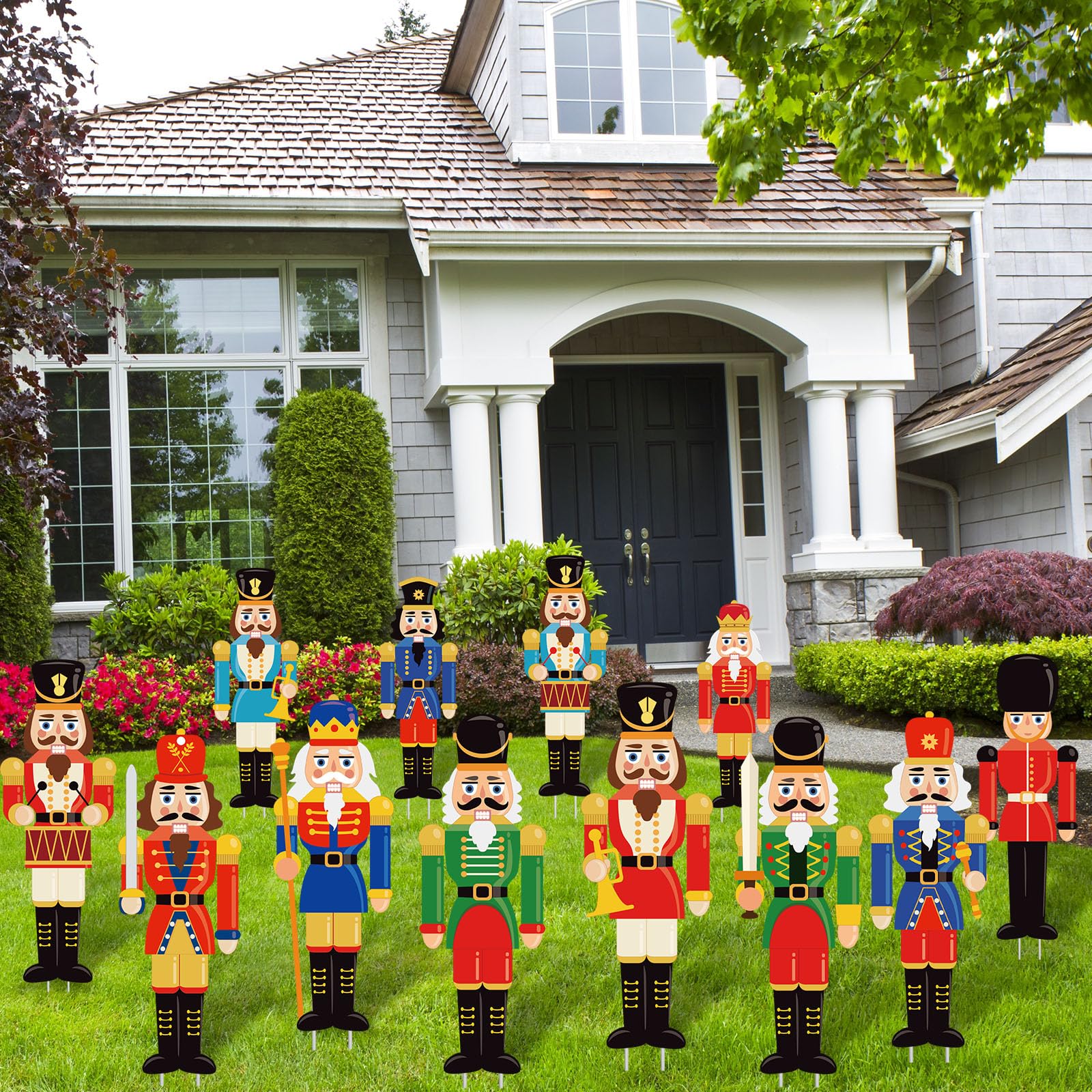 Decorated yard with multiple BBTO Christmas Nutcracker Signs