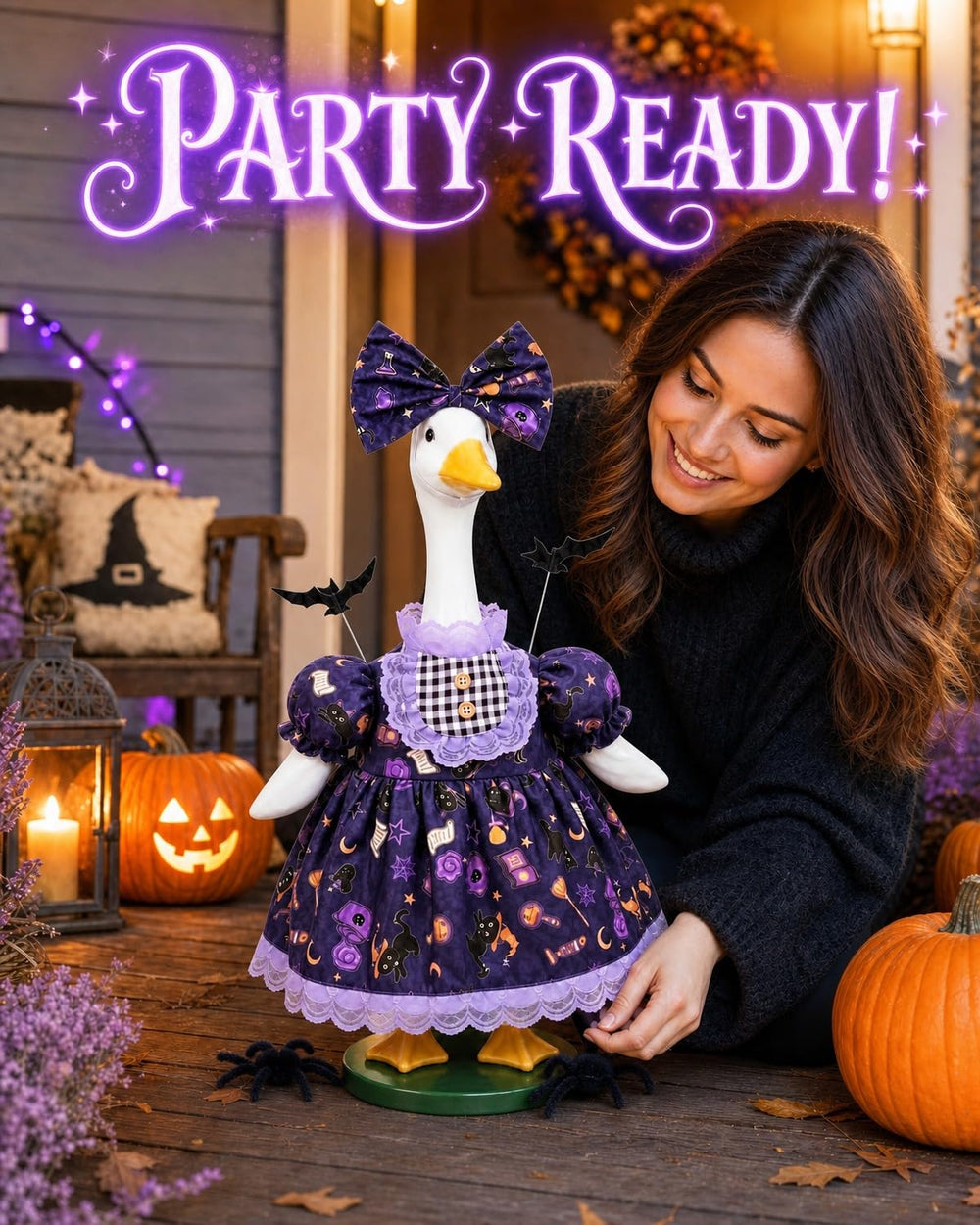 Decorative spiders and bats included with goose outfit