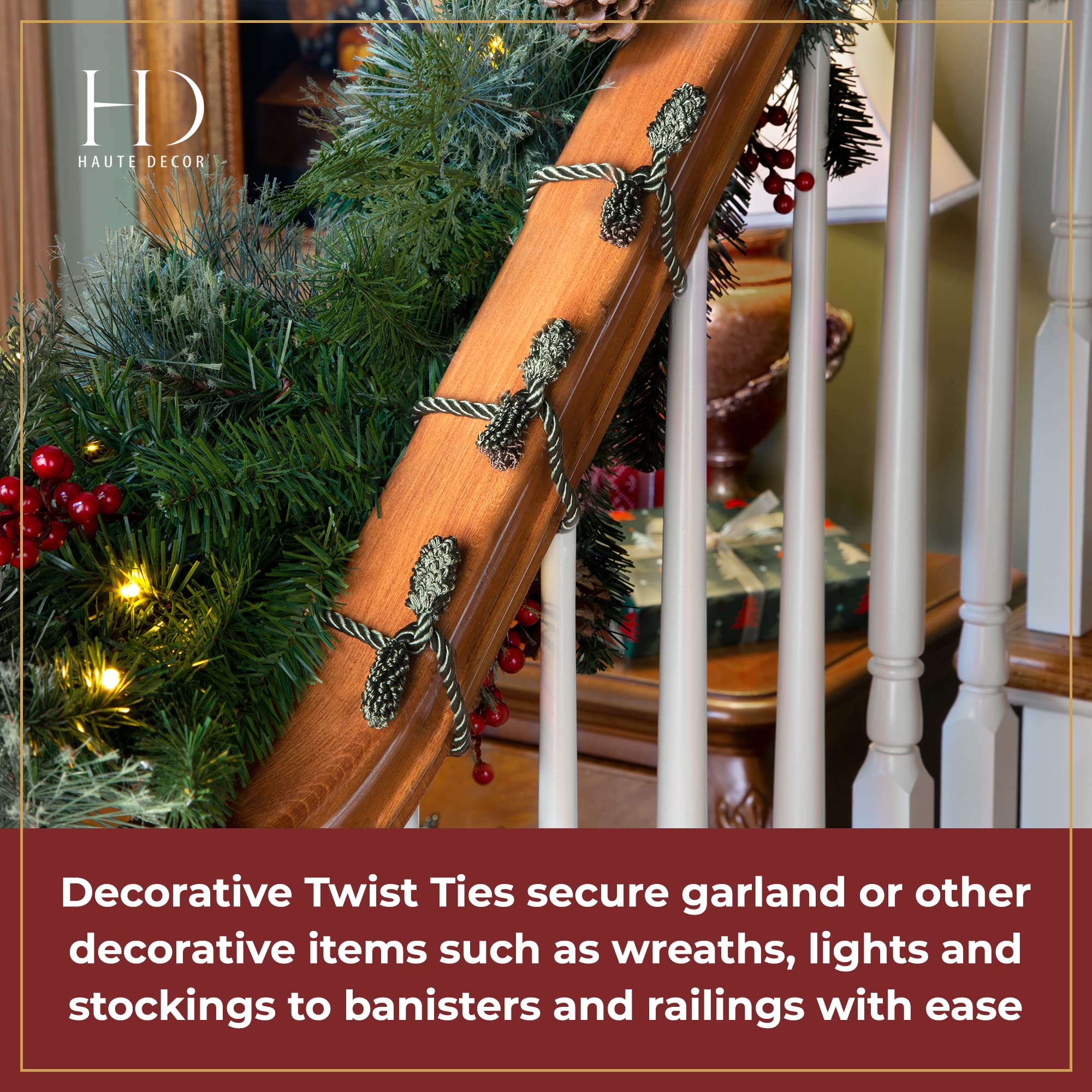 Decorative twist ties securing garland to railing