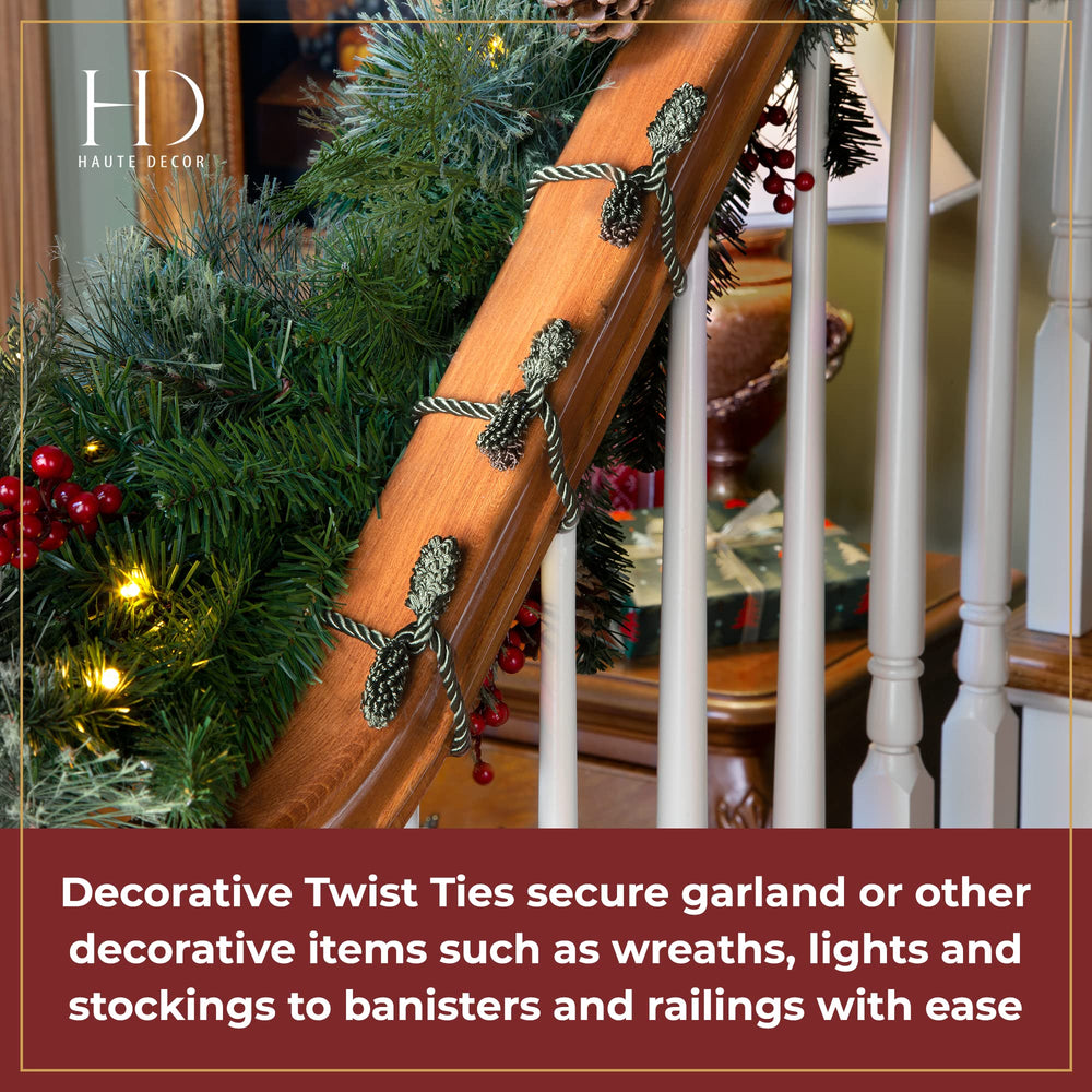 Decorative twist ties securing garland to railing