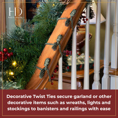 Decorative twist ties securing garland to railing